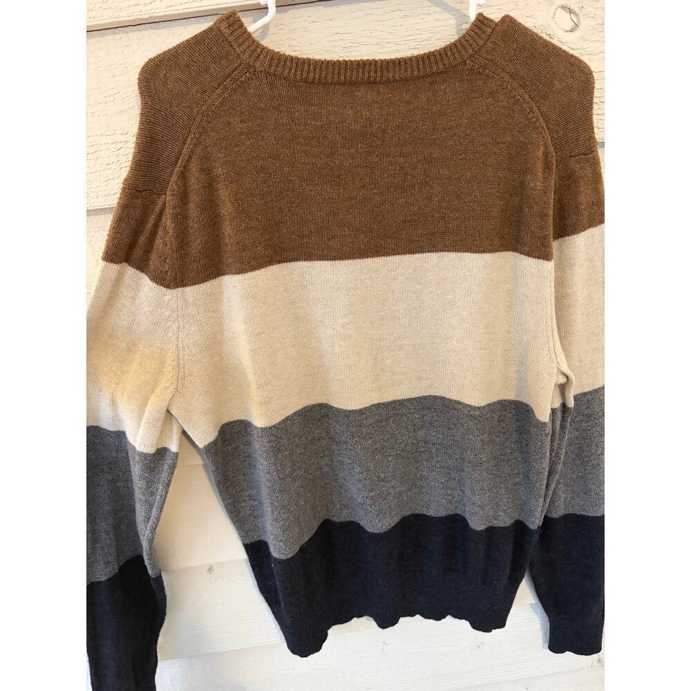 J.Crew Colorblock Sweater Medium Brown Cream Gray Navy Wool Blend Pullover - Picture 6 of 7